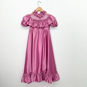 Union Made in USA Vintage Pink Sheen Girls Illusion High Ruffle Neck Puff Sleeve